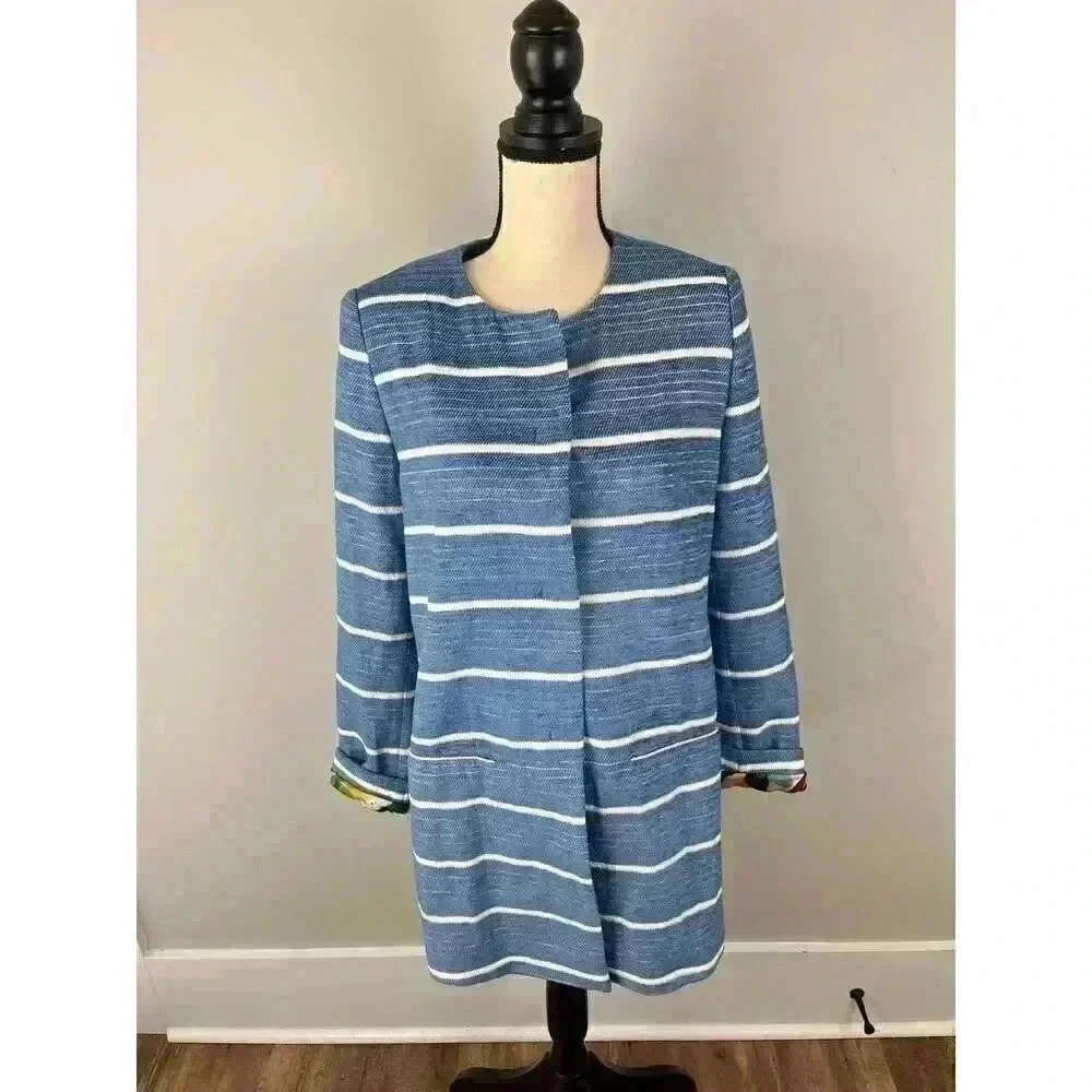POM Amsterdam Flower Play Jacket Blazer Women's 40 Striped Blue Flip Cuff